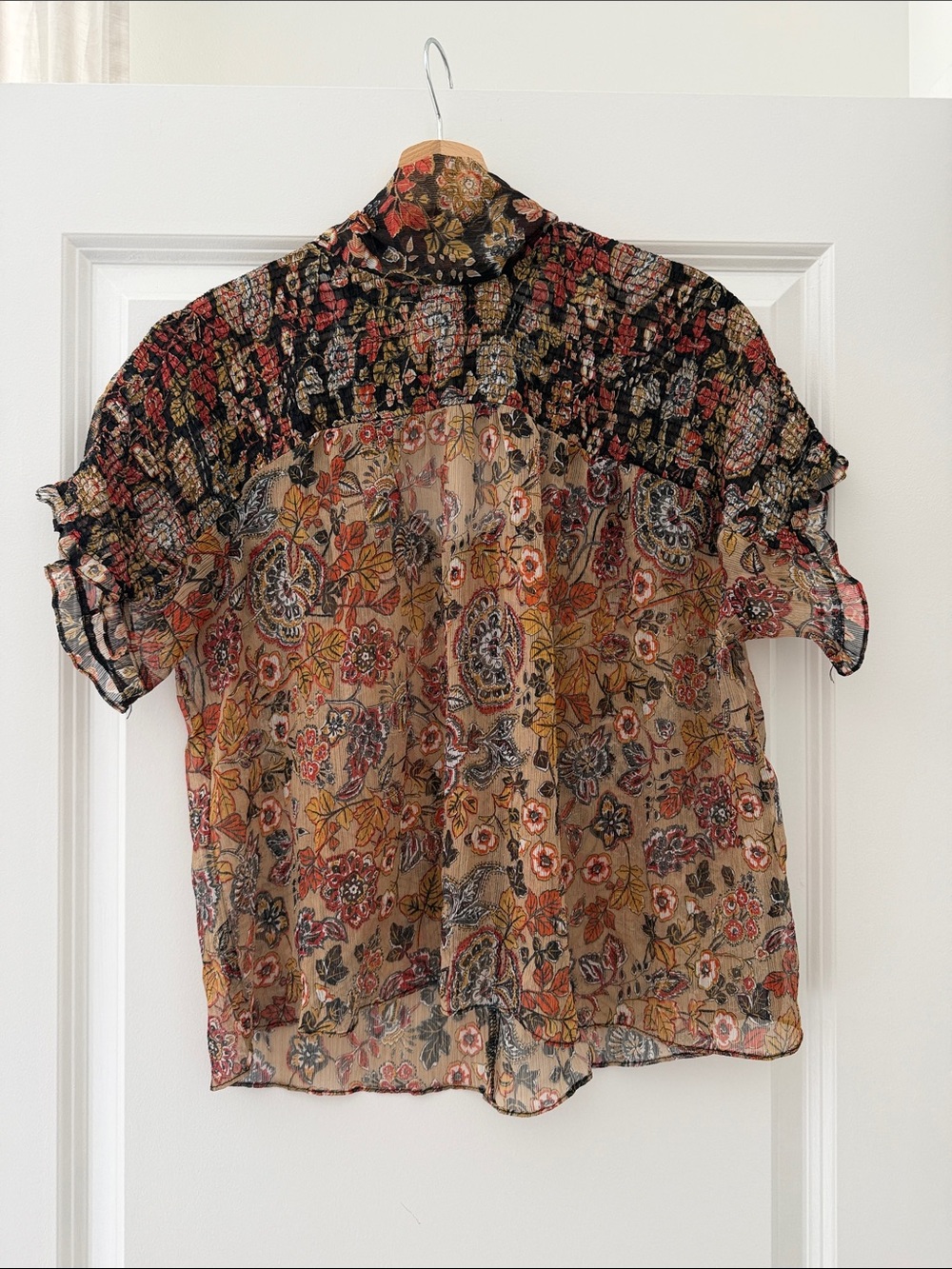 Zara Sheer Floral Paisley Short-Sleeve Blouse in Black, Tan, Red